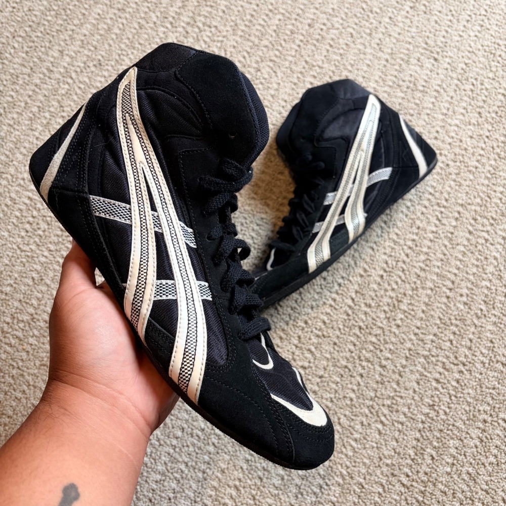 Asics JL002 Wrestling Shoes Black Cream Leather High Top Mens 12.5 F360900 PY